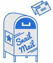 Cartoon mailbox labeled 'Snail Mail' in blue and white, featuring a star, with an envelope above it in a playful scene.
