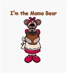 Cartoon bear in a red apron holds a flower pot for Mother's Day, with the text 'I'm the Mama Bear' above.