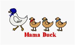 Playful Mama Duck in a blue hat leads three cheerful ducklings wearing colorful scarves.