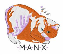 Playful Manx cat design with orange and white fur, curled position, and vibrant purple accents.