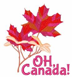 Vibrant applique red and pink maple leaves with playful text 'OH, Canada!' celebrate Canada Day.