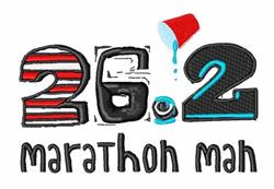 Playful design featuring '26.2' and 'marathon mah' with a red cup spilling blue liquid, vibrant colors.
