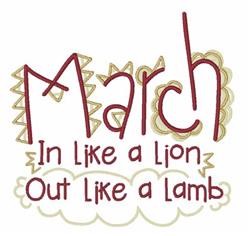 Playful text 'March' with colorful accents and clouds, featuring phrases 'In Like a Lion' and 'Out Like a Lamb' for spring.