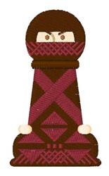Colorful matryoshka doll with a smiling face and geometric patterns, in playful brown and maroon shades.