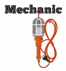 Cartoon mechanic work light with a shiny silver bulb in a wire cage and vibrant orange cord, ready for machine embroidery.