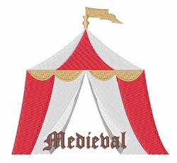 Medieval tent with red and white panels, pointed top, and flag. Playful design perfect for festive events.