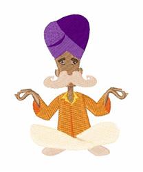 Whimsical man in meditation wearing a vibrant purple turban, orange shirt, and white pants.