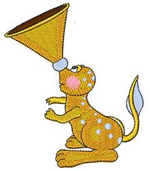 Colorful character with white spots joyfully holding a cone-shaped megaphone. A whimsical design perfect for cheerful decor.
