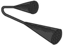 Minimalistic megaphone design featuring two cone shapes and a curved handle in bold black, ideal for modern textiles.