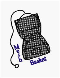 Simple line art mesh basket with black outlines and a string, featuring bold purple 'Mesh Basket' text.