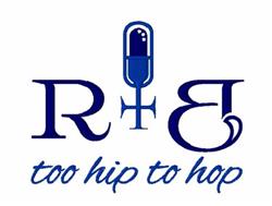 Playful text design featuring a microphone and bold 'R&B' in vibrant blue with the phrase 'too hip to hop'.
