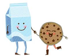 Playful embroidery of a milk carton and cookie, both with cheerful faces, designed for kids' kitchen items.