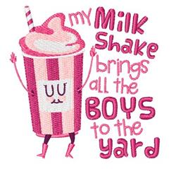 Playful cartoon milkshake with pink stripes, cheerful face, and fun text saying 'my Milk Shake brings all the BOYS to the yar