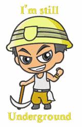 Playful cartoon miner character with a yellow hard hat and pickaxe, featuring 'I'm still Underground' text.