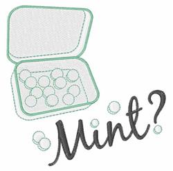Playful mint container filled with round mint candies, accompanied by stitched 'Mint?' in brown.