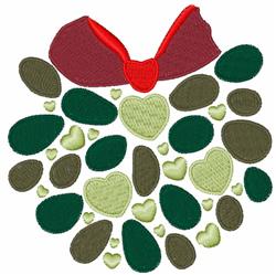 Mistletoe cluster with vibrant red bow, green leaves, and light green hearts, festive design for Christmas.