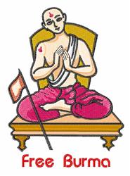 Cartoon monk sitting on a throne-like chair with folded hands, vibrant pink attire, and bold 'Free Burma' text.