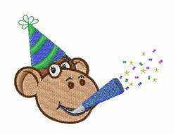 Playful monkey in a party hat blows a horn with colorful confetti, perfect for a birthday celebration.