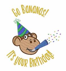 Applique monkey with a birthday hat and blue party horn, cheerful design with festive text 'Go Bananas! It's your Birthday!'