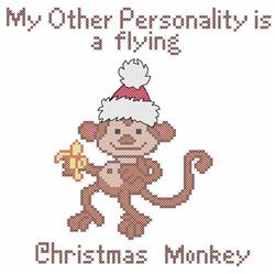 Playful monkey with Santa hat holding a banana, featuring humorous text for a whimsical Christmas cross stitch.