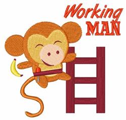 Playful monkey in bright orange climbing a ladder, wearing a tool belt and holding a banana.