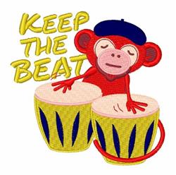 Playful red monkey in a beret sits on yellow drums, featuring 'KEEP THE BEAT' text in a vibrant design.