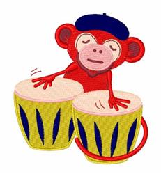 Applique monkey with a blue beret joyfully sitting on conga drums in vibrant yellow and blue.