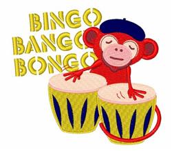 Playful red monkey in a blue beret joyfully playing on yellow drums, with bold 'BINGO BANGO BONGO' text.