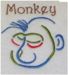 Playful cartoon monkey face with blue and green outlines and red cheeks, featuring the word 'Monkey' above.