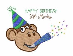 Colorful monkey head in playful embroider design with party hat, blue horn, and vibrant confetti for birthdays.