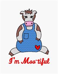 Playful cartoon cow in blue overalls with pink and brown spots and cheerful expression, saying 'I'm Moo-tiful' in red.