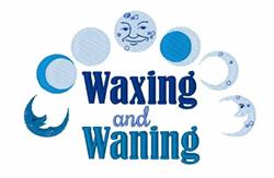 Playful embroidery of moon phases in blue shades above bold 'Waxing and Waning' text, whimsical design.