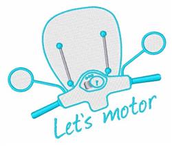 Playful embroidery design featuring motorcycle handlebars and a windshield in bright blue outlines, with the phrase 'Let's mo