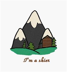 Bold winter scene featuring three snow-capped mountains, a cozy cabin, and green trees in a playful style.