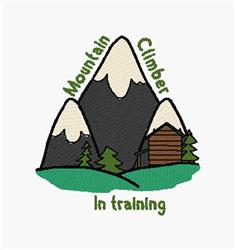 Cartoonish mountains with snow caps, a cozy cabin, and trees, featuring playful text 'Mountain Climber In Training.'