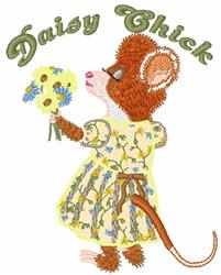 Whimsical mouse in a yellow dress holding daisies, smiling joyfully in a spring-themed design.