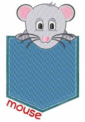Playful gray mouse peeking over a blue pocket, with pink ears and bold red 'mouse' text below.