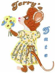 Playful mouse in a yellow dress holding flowers, featuring whimsical text 'Jerry's Date' for spring decor.