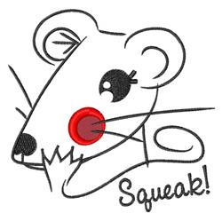 Playful mouse face with a red nose and cheerful expression, featuring 'Squeak!' text in a whimsical style.