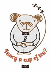 Cheerful mouse character in a bowtie holding a teacup, with whimsical text 'Fancy a cup of tea?'