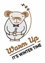 Playful mouse in a bow tie holding a cup, featuring cozy winter text 'Warm Up - IT'S WINTER TIME'.