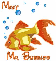 Playful fish with vibrant orange and yellow colors swimming among colorful bubbles, featuring 'Meet Mr. Bubbles' text.