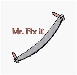 Playful hand saw in cartoon design with gray blade and pink handles, featuring 'Mr. Fix it' text in brown.