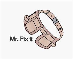 Cartoon tool belt with colorful goggles, featuring bold 'Mr. Fix it' text in soft pastels.