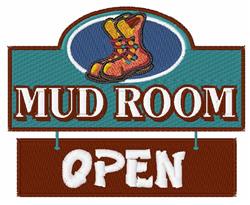 Playful boot design with 'MUD ROOM' text, colorful illustration, and vibrant blue-brown background.