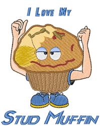 Cartoon muffin character with a smiley face, colorful frosting, and raised arms, perfect for playful kitchen towels.
