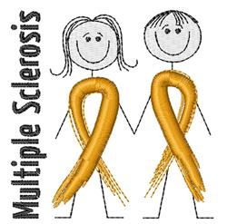 Cheerful stick figures with yellow awareness ribbons join hands, promoting multiple sclerosis awareness in a playful style.