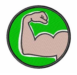Cartoon muscular arm in beige with vibrant green circle background, outlined in black.