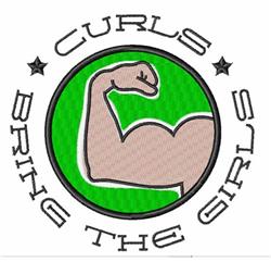 Muscular arm flexing within a circular border, vibrant green background, bold text 'CURLS BRING THE GIRLS'.