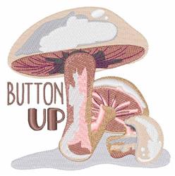 Whimsical mushroom cap with detailed gills in soft pinks and beige, featuring 'BUTTON UP' text in colorful embroidery.
